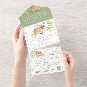 Grevillea d'água casada RSVP detalhe de RSVP verde