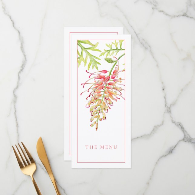 Grevillea watercolor menu de casamento floral (Frente/Verso In Situ)