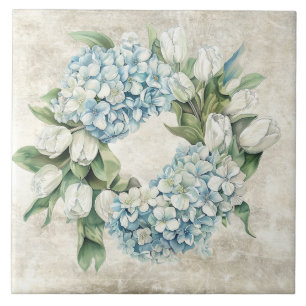 Grinalda de Hortênsias e Tulipas em Aquarela Azul