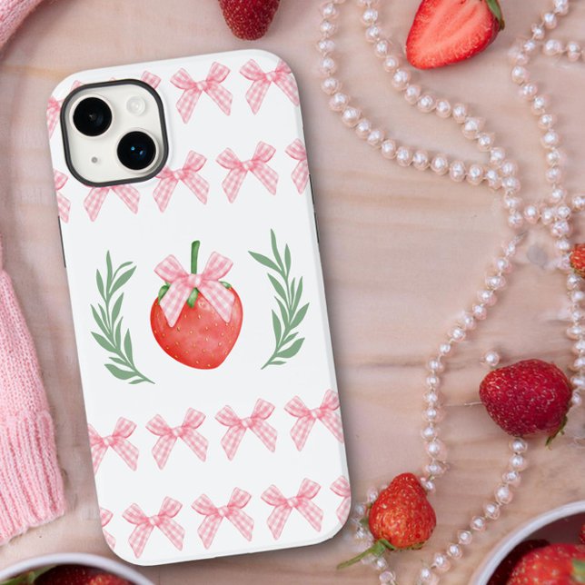 Grinalda de Louro com Laços de Xadrez Rosa Morango (iphone case with pink gingham bows and strawberry logo by Darling and May)