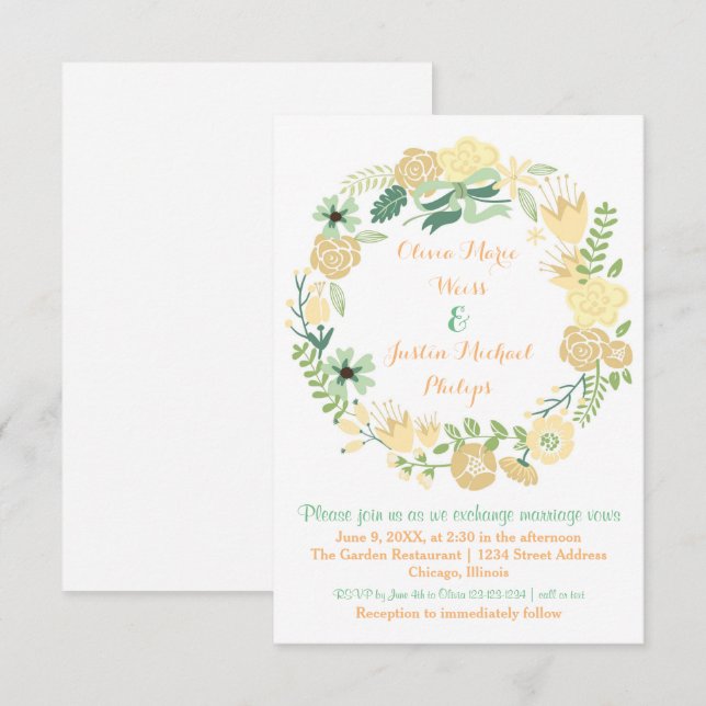 Grinalda Floral de Pêssego - Convite de Casamento  (Frente/Verso)