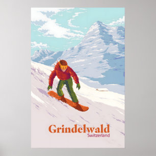 Grindelwald Suíça Pôster de Viagem Esqui Snowboard