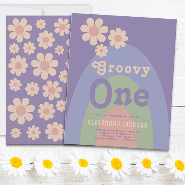 Groovy One Retro Daisy Party - primeiro aniversari (Groovy one retro daisy arch pastel purple blue green and pink 1st birthday party invitation )