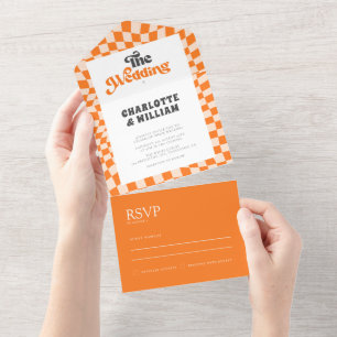 Groovy Orange Checkered Casamento Moderno Único