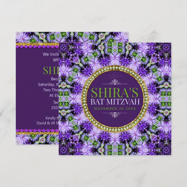 Groovy Purple Daisies Bat Mitzvah Convite (Frente/Verso)