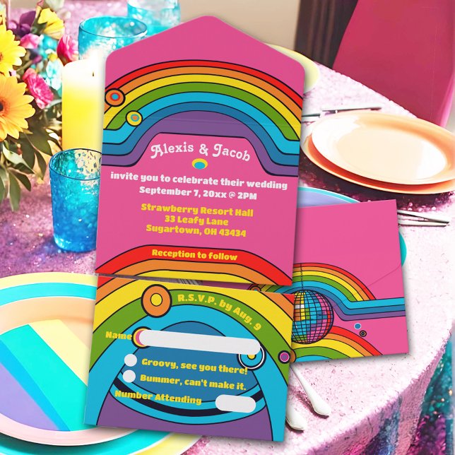 Groovy Rainbow Retro 70's Wedding Colorful Funky (Groovy rainbow 70's themed wedding invitations with detachable RSVP postcard, bright retro colors!)