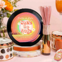 groovy Retro Vinyl Record salvar a data Convite