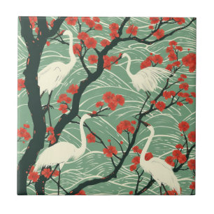 Grua Japonesa e Flor de Cerejeira - Arte Oriental