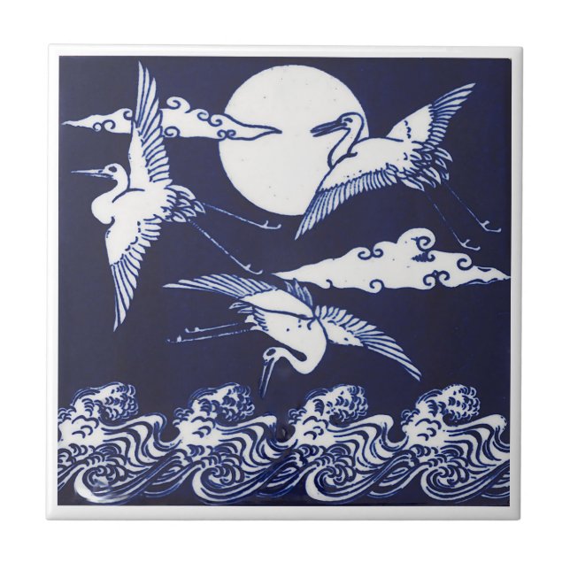 Gruas brancas e azuis com onda e lua (Frente)