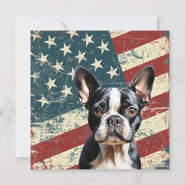 Grunge American Flag Boston Terrier Dog Flat Card (Frente)