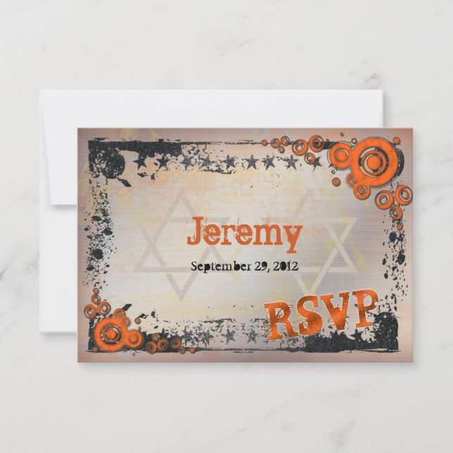 Grunge Orange, Black, Bar Mitzvah RSVP Card, Cinza (Frente)