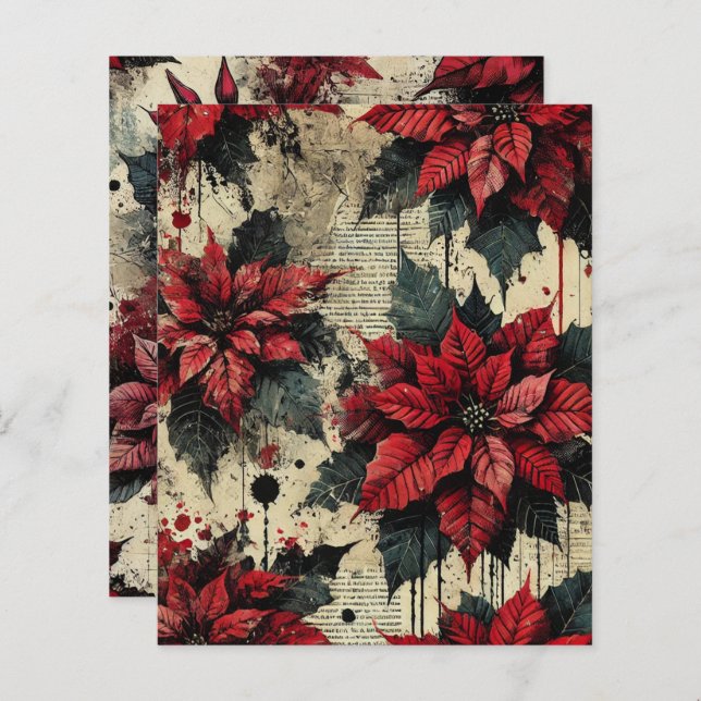 Grungy Floral Poinsettia Newsprint Paper (Frente/Verso)