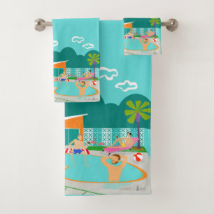 Grupo alegre retro de toalha da festa na piscina