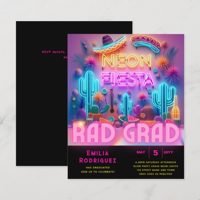 Grupo de Graduação: Convite Fiesta de Neón (Frente/Verso)