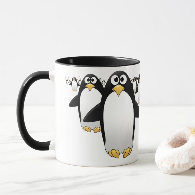 Grupo de Penquins em uma caneca de café (Com Donut)