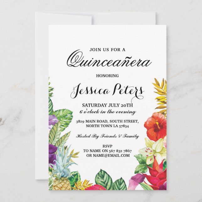Grupo Quinceanera Aloha Tropical Luau Tiki Convite (Frente)