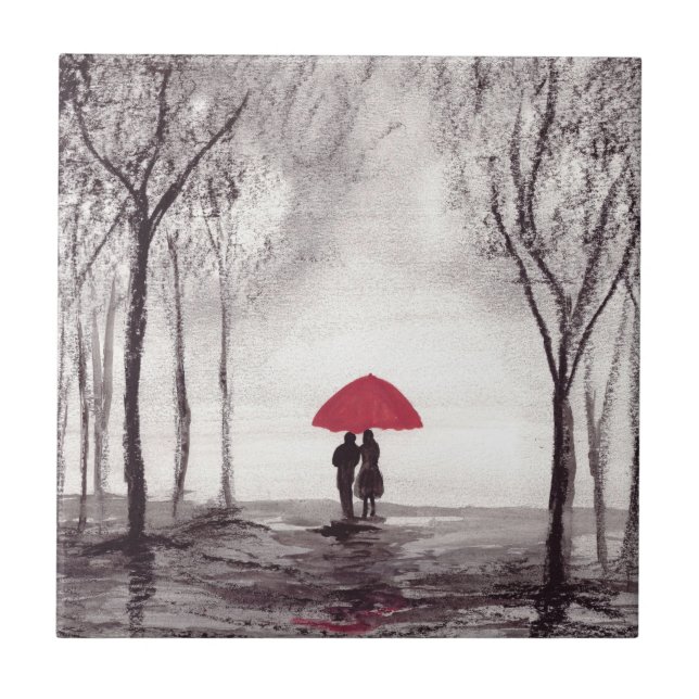 Guarda-chuva Vermelho Rústico casal de amor azulej (Frente)