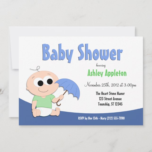 Guarda-chuvas Azul e Verde para Bebê - Convites pa (Frente)