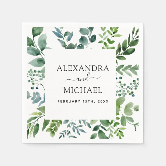 Guardanapo de casamento em aquarela com folhagem v (Frente)