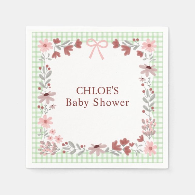 Guardanapo De Papel 018 Grass Green Wildflower Bow Gingham Shower (Frente)