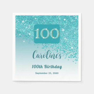 Guardanapo De Papel 100º Aniversário Bonito Teal Blue Glitter Napkins