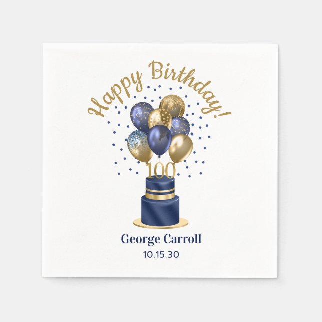 Guardanapo De Papel 100º Bolo Balão Azul Marinho de Aniversário (Frente)
