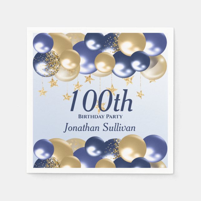 Guardanapo De Papel 100th Birthday Navy Gold Balloons Party (Frente)