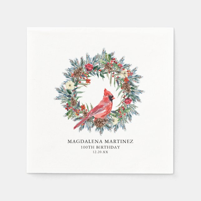 Guardanapo De Papel 100th Birthday Red Cardinal Wreath Custom Cocktail (Frente)