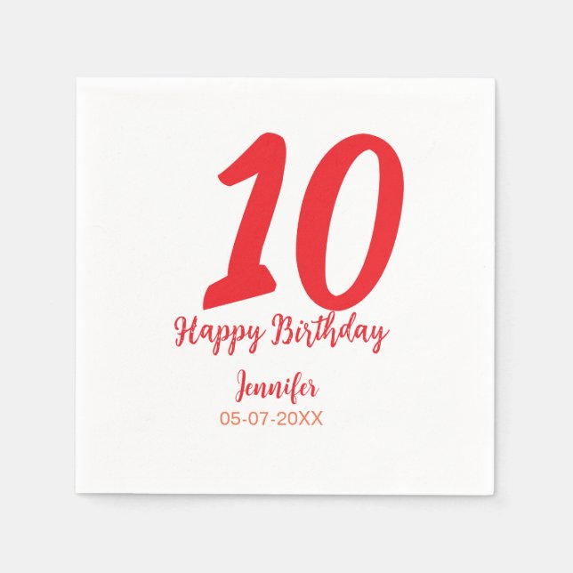 Guardanapo De Papel 10.º aniversário adicionar nome data ano vermelho  (Frente)
