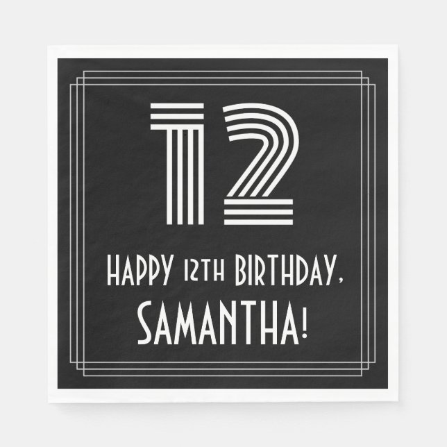 Guardanapo De Papel 12 Aniversário: Art Deco Inspirou "12" + Nome (Frente)