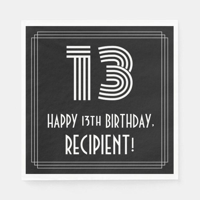 Guardanapo De Papel 13 Aniversário: Art Deco Inspirou "13" + Nome (Frente)