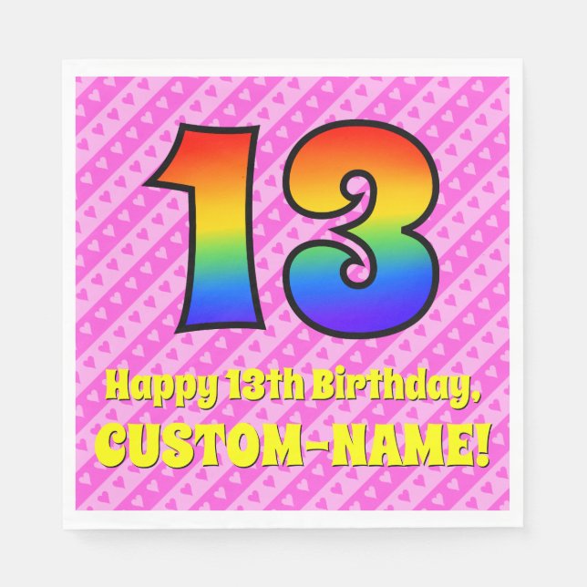Guardanapo De Papel 13 Aniversário: Riscos e Corações Rosa, Arco-Íris  (Frente)