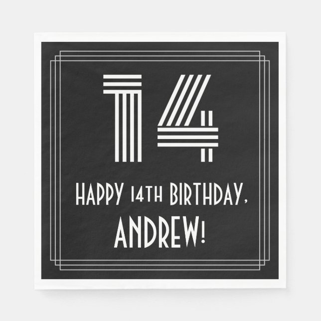 Guardanapo De Papel 14 Aniversário: Art Deco Inspirou "14" + Nome (Frente)