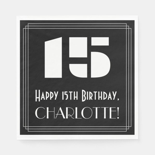 Guardanapo De Papel 15 Aniversário: Art Deco Inspirou "15" + Nome (Frente)