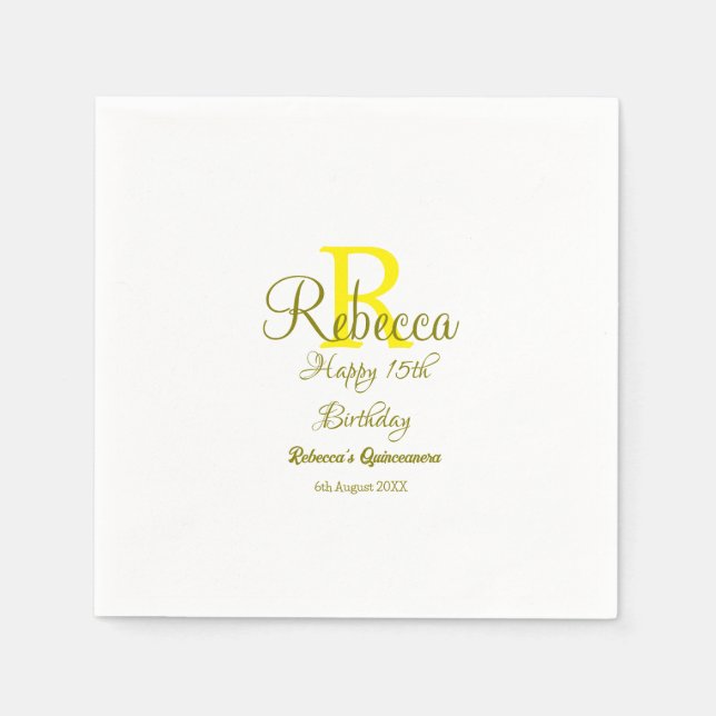 Guardanapo De Papel 15 Feliz Aniversário Amarelo Apelido Monograma Mod (Frente)