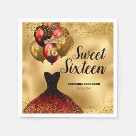 Guardanapo De Papel 16º Aniversário Grelha Dourada Glitter Vermelho Do