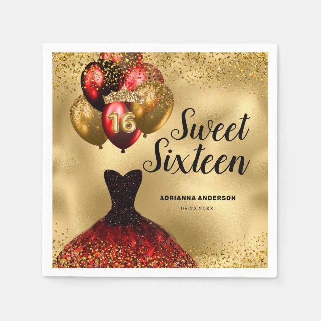 Guardanapo De Papel 16º Aniversário Grelha Dourada Glitter Vermelho Do (Frente)