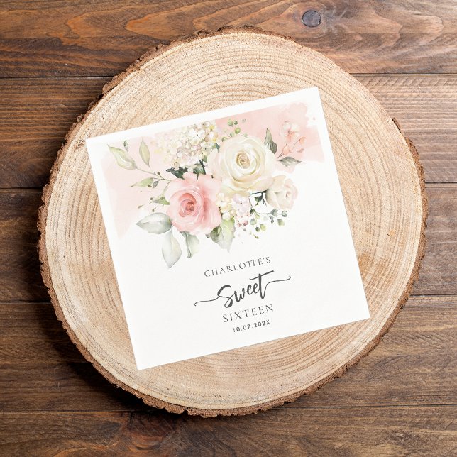 Guardanapo De Papel 16.º Aniversário do Papel de Partido Floral Rosa (Pink Floral Sweet 16th Birthday Paper Napkin)