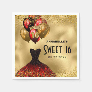 Guardanapo De Papel 16.º Aniversário Dourado Vestido Vermelho Glitte