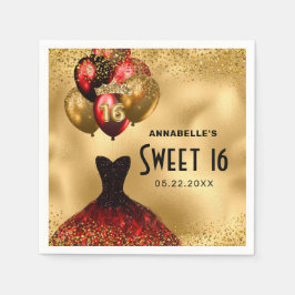 Guardanapo De Papel 16.º Aniversário Dourado Vestido Vermelho Glitter 