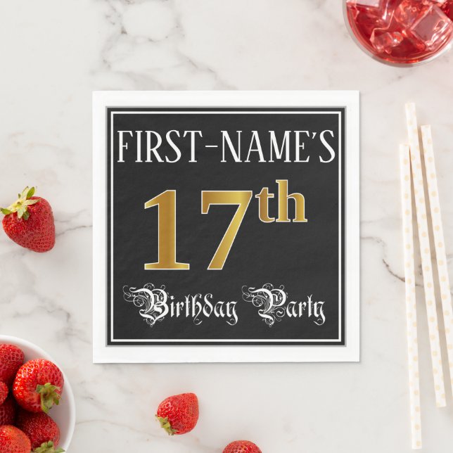 Guardanapo De Papel 17th Birthday Party — Fancy Script, Faux Gold Look (Insitu)
