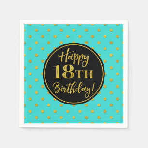 Guardanapo De Papel 18.º aniversário Turquesa Pontos Dourados Pretos