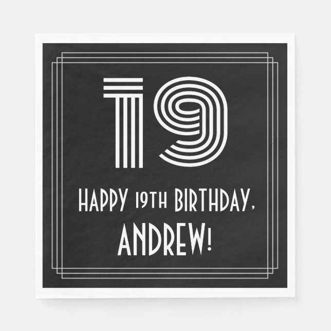 Guardanapo De Papel 19.º Aniversário: Art Deco Inspirou "19" + Nome (Frente)