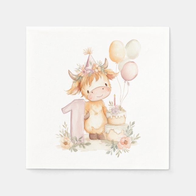 Guardanapo De Papel 1st birthday highland cow (Frente)