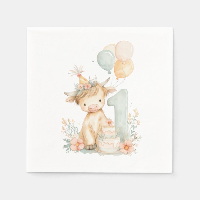Guardanapo De Papel 1st birthday highland cow (Frente)