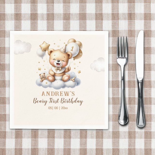 Guardanapo De Papel 1st Birthday Teddy Bear Boy (Criador carregado)