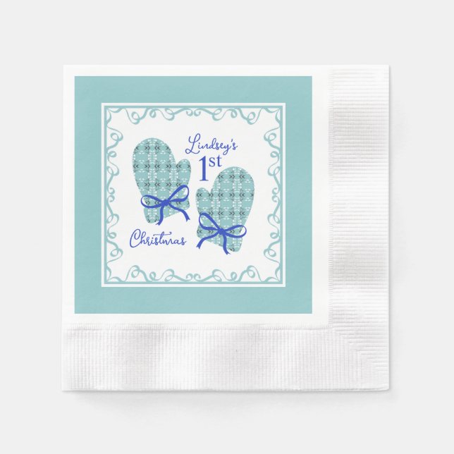 Guardanapo De Papel 1st Christmas Mittens Blue Bow Holiday (Frente)