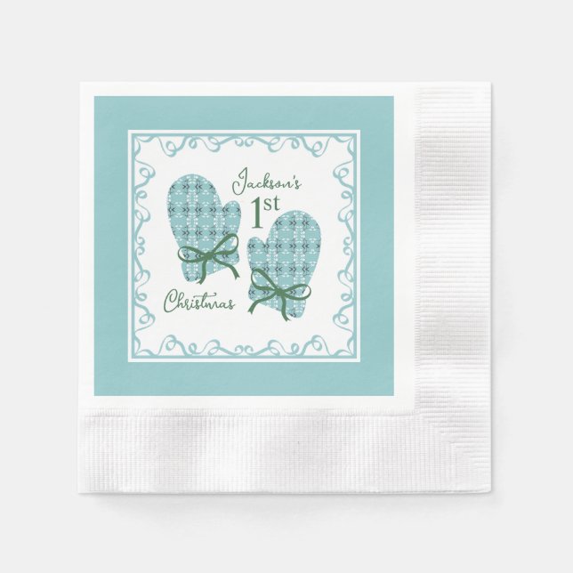 Guardanapo De Papel 1st Christmas Mittens Green Bow Holiday (Frente)
