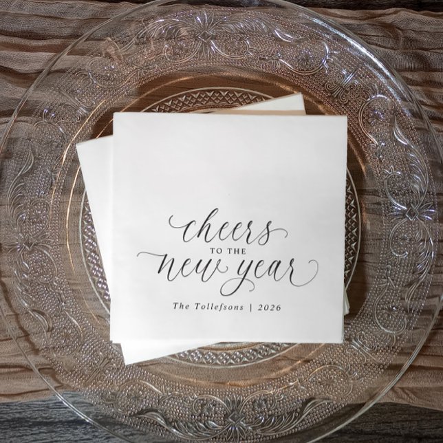 Guardanapo De Papel 2026 New Year Cheers Elegant Script Party (Elegant black and white New Year’s napkin with “cheers to the new year 2026” in chic script.)