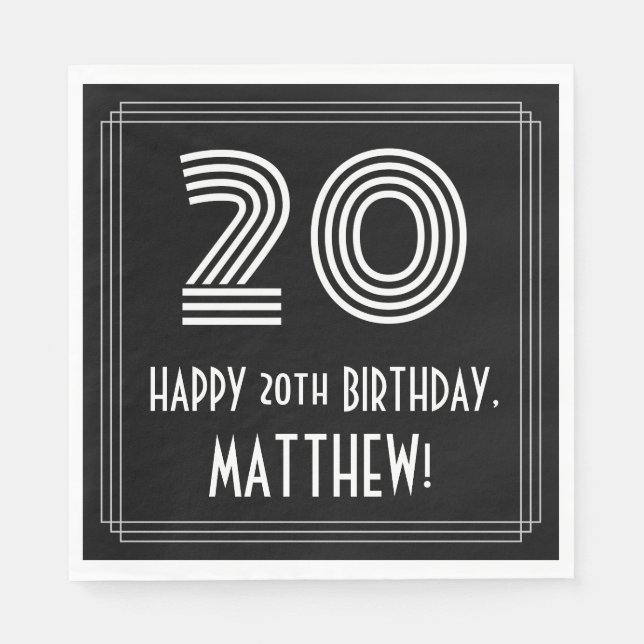 Guardanapo De Papel 20 Aniversário: Art Deco Inspirou "20" + Nome (Frente)